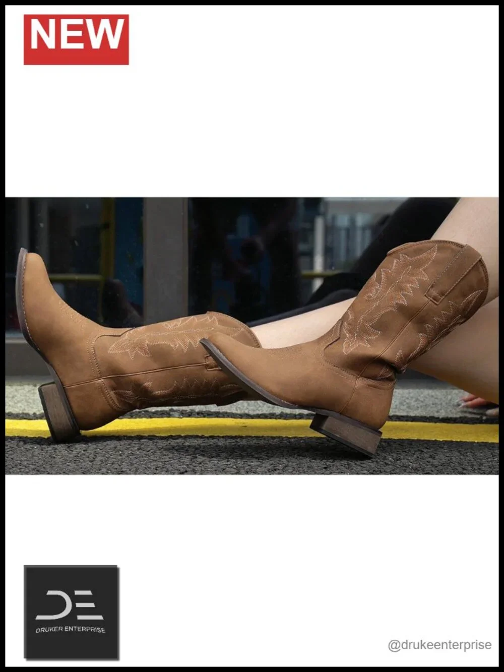 Women Square Toe Western Cowboy Boots PU Leather Mid-Calf Block Heel